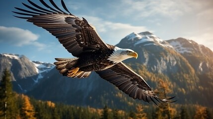Fototapeta premium Photo shot of American bald eagle spreading wings in flight over forest