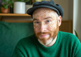 A man with a distinctive beard and skin condition wears a green sweater and black cap while sitting indoors surrounded by plants