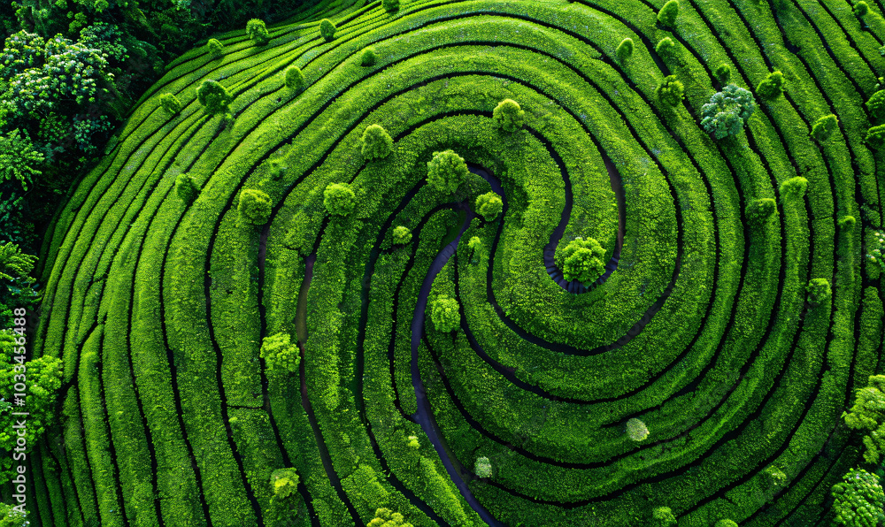 Poster aerial view of a tea plantation with a pattern in the shape of lines and circles on a green field ba