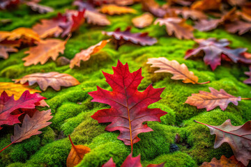 Delicate crimson oak leaves scattered across lush carpet of vibrant green moss create stunning autumn scene, evoking sense of tranquility and natural beauty