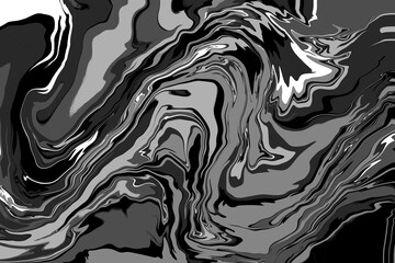Dark liquid marble background. Black grey with white splashes color. Mixed oil paints. Art, 3D. Zebra background. Art fluid. Marbling template design presentation. Wide ratio frame. Flow, fluid waves.