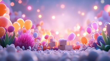 A whimsical landscape featuring vibrant colors, soft textures, and magical lights, creating a dreamlike atmosphere of joy.