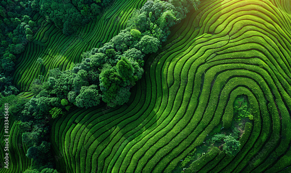 Poster aerial view of a tea plantation with a pattern in the shape of lines and circles on a green field ba