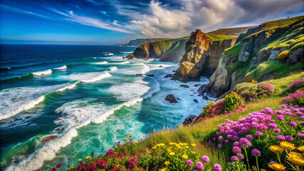 Breathtaking ocean waves crash against rugged cliffs, surrounded by vibrant flowers. This stunning coastal landscape captures beauty of natures harmony and tranquility