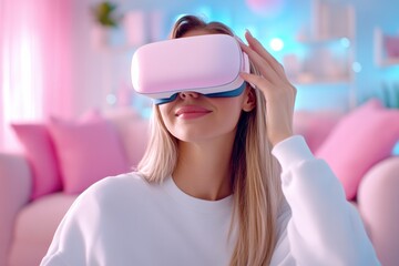 A woman enjoys virtual reality with a stylish headset, immersed in a colorful and modern living space.