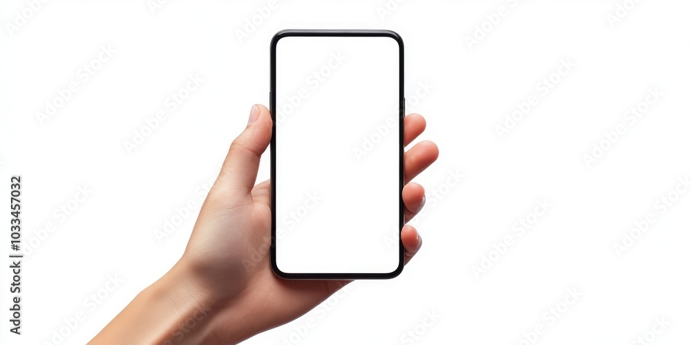 Aufkleber Hand holding a mobile smartphone with a blank screen. Isolated on a white background.