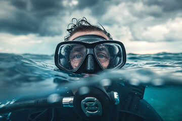 Professional skilled diver exploring underwater bio diversity sea ocean, Generative AI