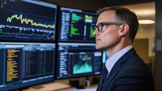 Financial analyst monitoring stock market trends, multiple screens displaying data