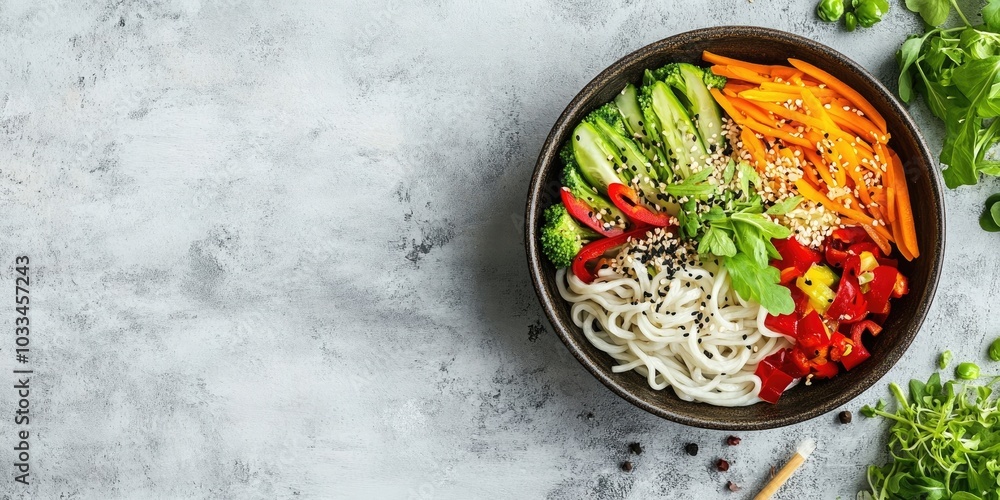Poster lunch featuring udon noodles prepared with vegetables. top view. arrangement with copy space on a co