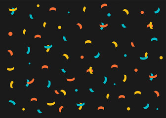 Confetti background. Cute colorful paper confetti falling down. Fun colorful pattern set. Lines, polka dots. Festive decoration. Happy Birthday party decor. Simple Flat design. Black background Vector
