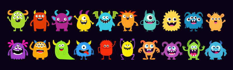 Monster set line. Colorful silhouette monsters. Happy Halloween. Cute kawaii cartoon funny boo character. Different face. Teeth, eyes, horns, hands. Childish style. Flat design Black background Vector