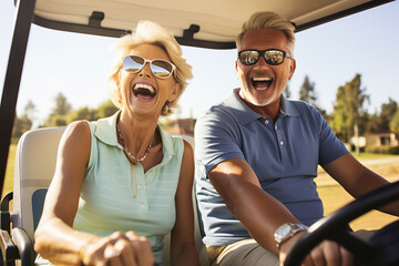 generated illustration of Mature couple riding golf car on the golf field.