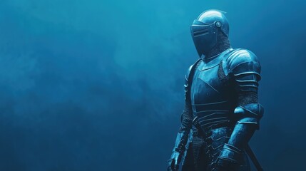 Fototapeta premium Knight in armor, standing in blue mist, dramatic lighting, medieval theme