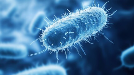 Bacteria close-up, detailed structure, blue background, hair-like projections