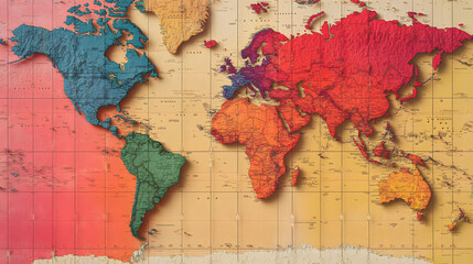 Vibrant Continental World Map Illustration, showcasing each continent in distinct colors, emphasizing geographical diversity and global connectivity