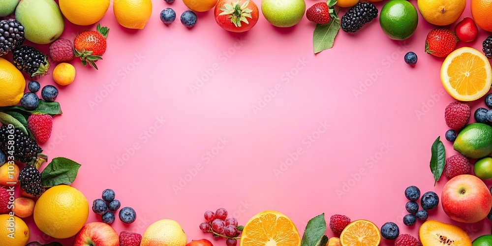 Poster colorful summer fruits border a pink background from a top view with copy space.