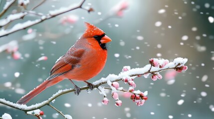 vibrant red northern cardinal perched on tree branch amidst heavy winter snowfall in virginia, colorful snowflakes falling as the bird enjoys flower buds
