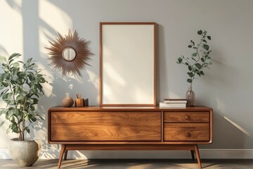 Stylish composition of artist workspace room with design retro teak commode, mock up poster frame, book, decoration and elegant accessories. Template, Generative AI