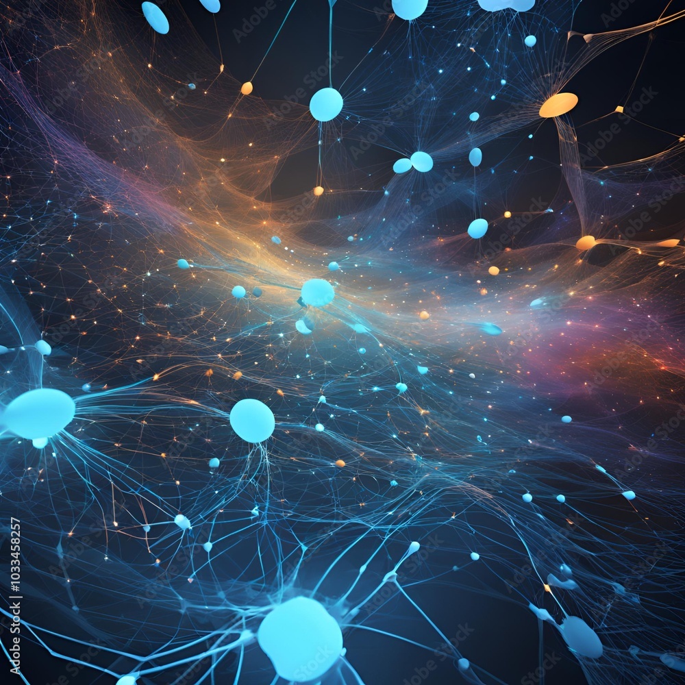 Poster a dynamic network of glowing blue nodes connected by lines, representing data flow, technology, and 