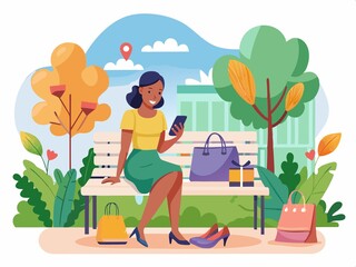 Fototapeta premium Online shopping concept vector illustration in flat cartoon style. Woman with mobile phone and shopping bags sitting on the bench. 