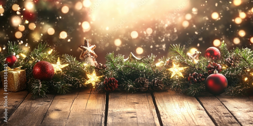 Poster Christmas backdrop on a wooden table with copy space.