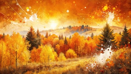 Fototapeta premium Vibrant Autumn Landscape with Bright Orange and Yellow Background, White Paint Spray Spatter, Grunge Texture, Warm Fall Colors, Scenic Nature View, Abstract Fall Aesthetic
