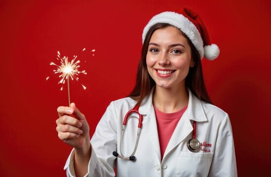 A cheerful female doctor in a christmas hat holds a sparker, embodying holiday spirit in a medical context. the red background enhances the festive atmosphere, merging professionalism 
