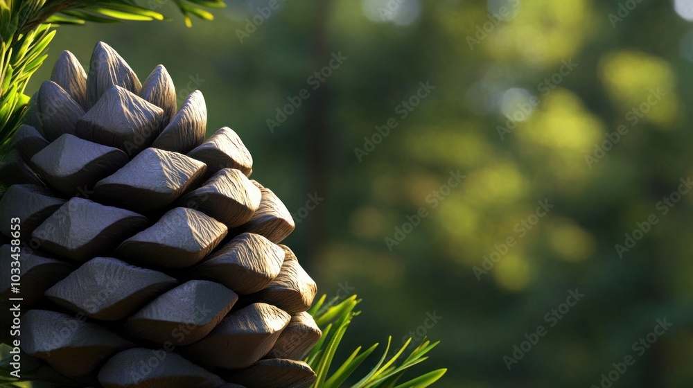 Poster a single brown pine cone on a branch with a blurred forest background.
