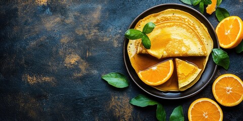 Homemade French pancakes - Crepe Suzette with orange syrup for a tasty breakfast. Copy space.