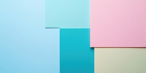 Fototapeta premium Modern bright abstract minimalistic image of a blue, pink, and green paper background featuring a soft white square.