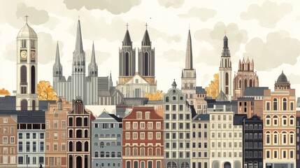 Naklejka premium A picturesque illustration of an European city skyline with various architectural styles and details.