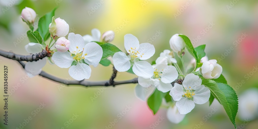 Poster apple tree branch with blossoms, blooming trees in spring.