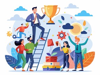 Fototapeta premium Teamwork concept in flat design. Group of people working together with a trophy. Vector illustration. 