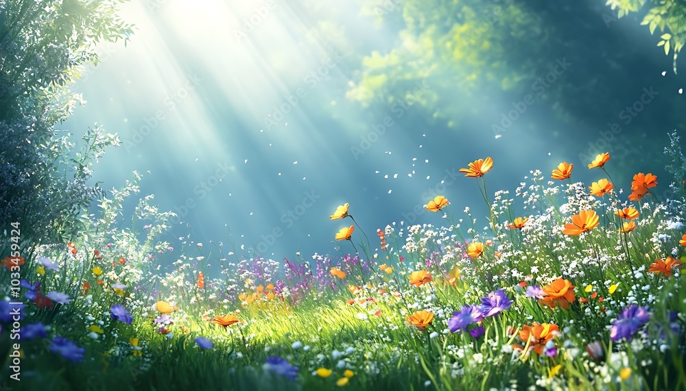 Aufkleber a serene landscape filled with colorful wildflowers bathed in soft sunlight, creating a tranquil and
