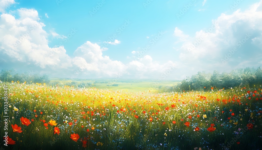 Poster a vibrant field of blooming flowers under a bright blue sky adorned with fluffy clouds, creating a s
