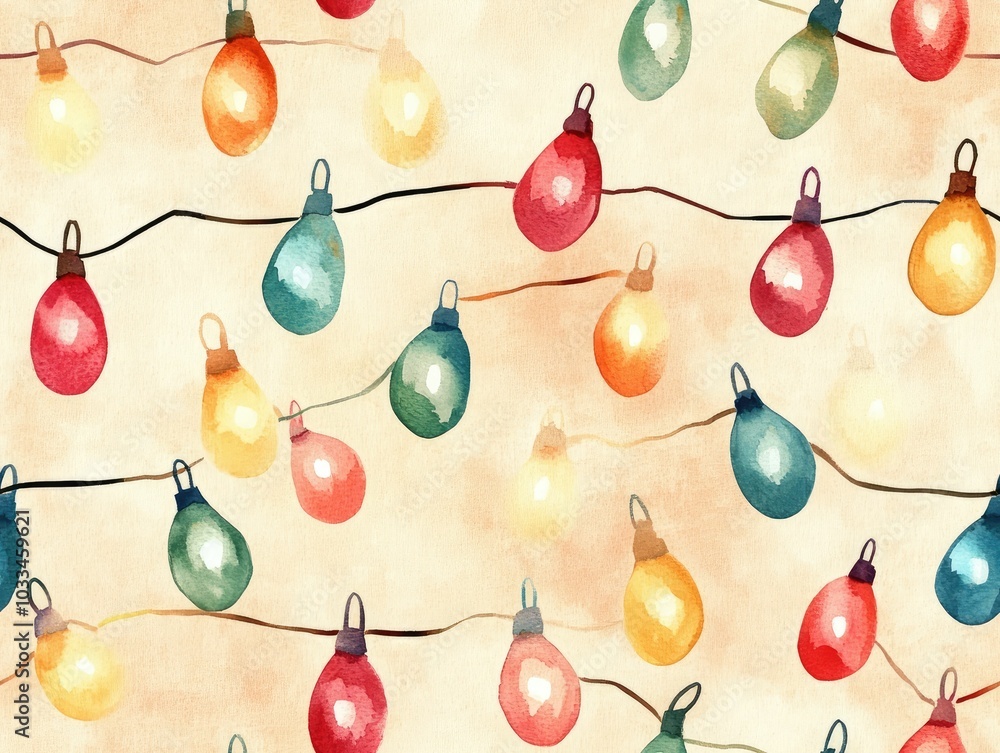 Poster whimsical watercolor christmas lights in a pastel color palette arranged in a seamless repeating pat
