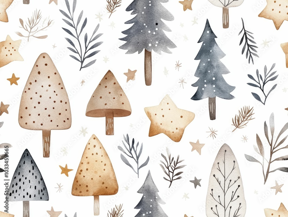 Poster watercolor scandinavian christmas elements including trees and stars in simple minimalist shapes and