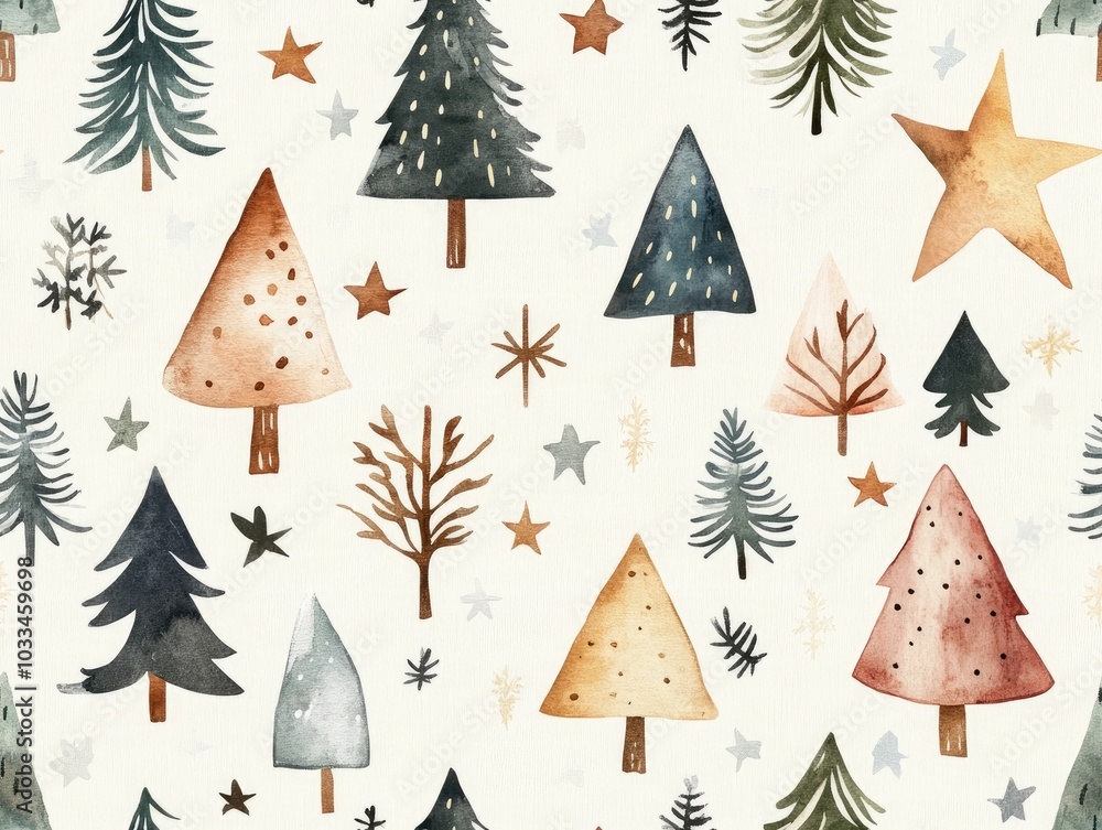 Poster watercolor scandinavian christmas elements featuring stylized trees and stars in simple shapes with 