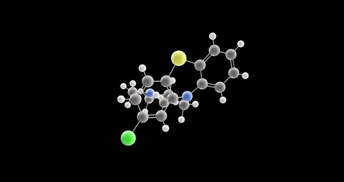 Chlorpromazine molecule, rotating 3D model of antipsychotic, looped video on a black background