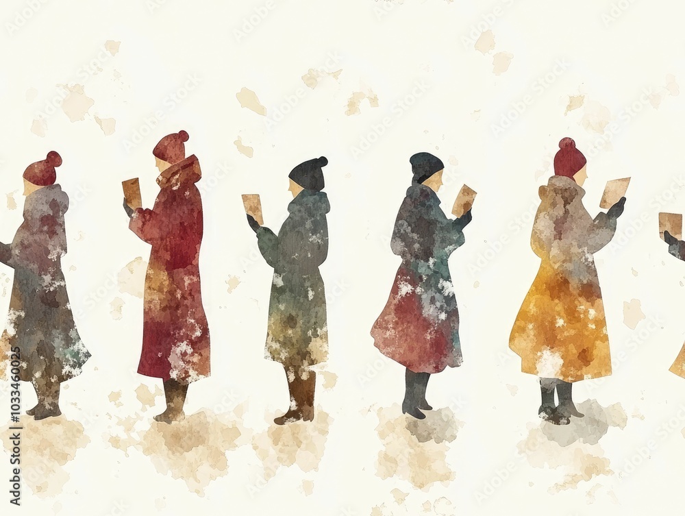 Poster festive group of minimalist watercolor carolers in soft warm tones against a light gray background s