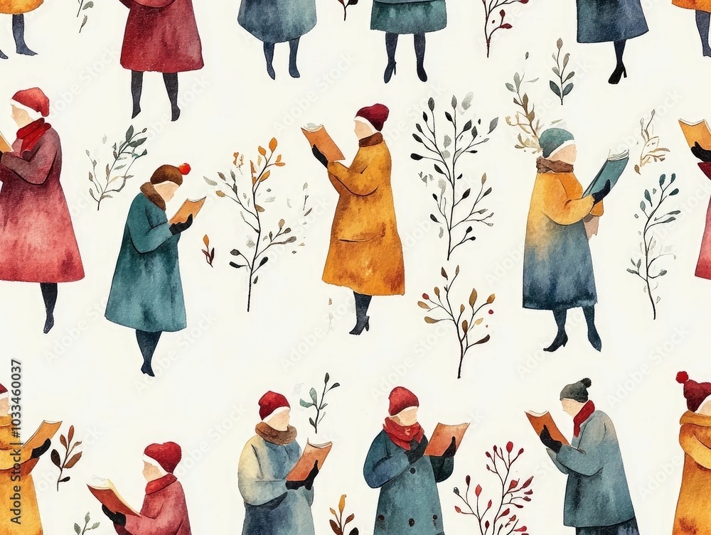 Poster watercolor christmas carolers in minimalistic silhouettes with soft muted tones on a light gray back
