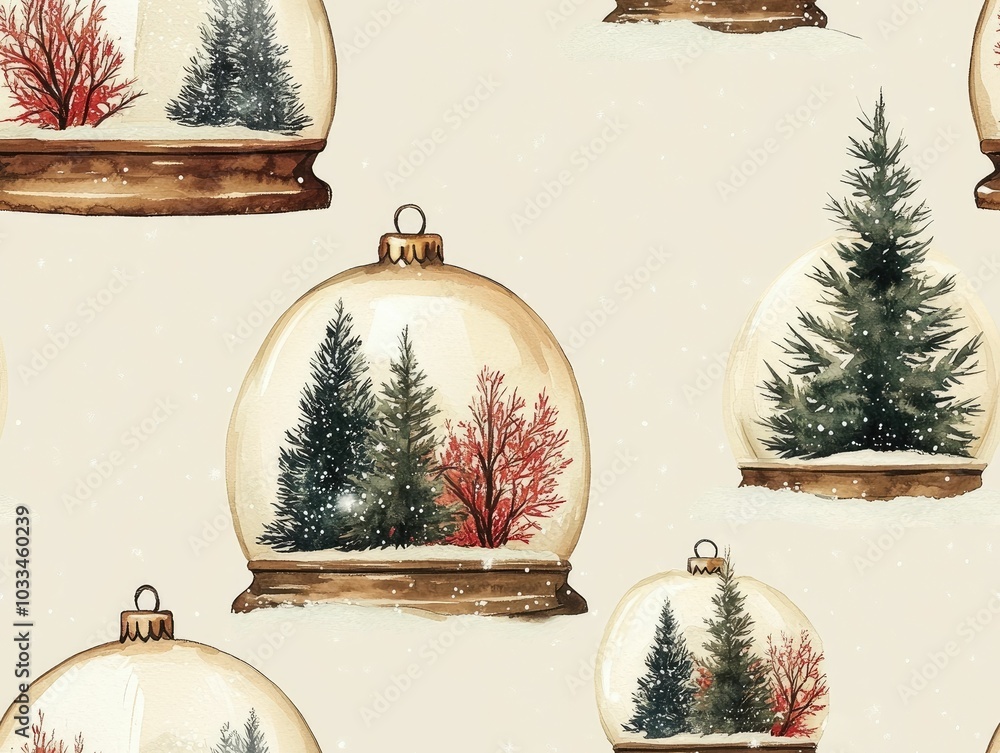 Poster Seamless pattern featuring a collection of simple yet elegant watercolor snow globes showcasing delicate Christmas trees in muted  natural tones  set against a soft beige background  creating a cozy