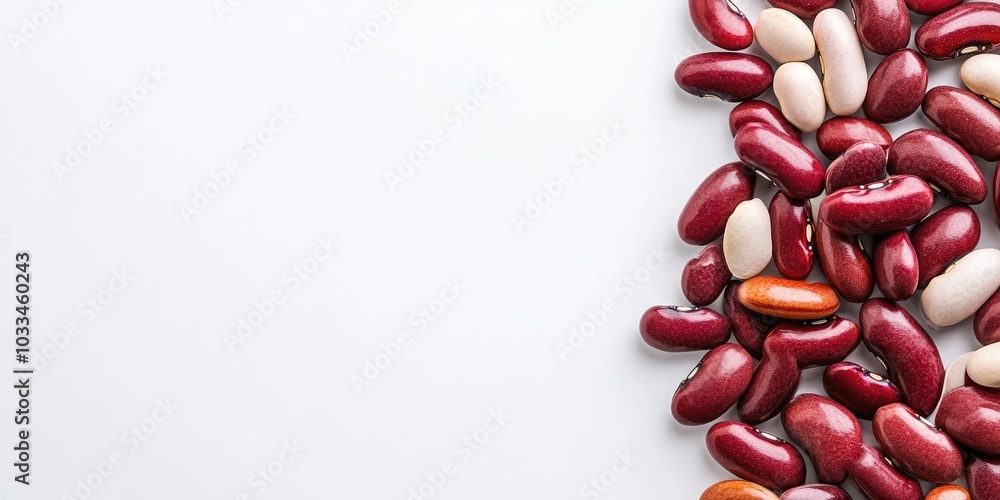 Poster kidney beans and red beans stacked on a white background, viewed from above with copy space.