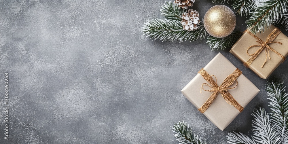 Aufkleber Christmas gray minimal background featuring a mock-up greeting card and a ball. Flat lay, copy space.
