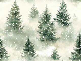 Fototapeta premium Minimalist watercolor painting depicting a serene forest of fir trees covered in soft falling snow The composition is airy and dreamlike with soothing green and white tones creating a peaceful