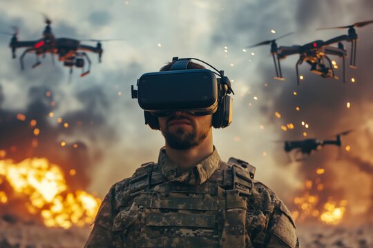 Soldier wearing virtual reality headset in battlefield, surrounded by drones, with explosions in background, military technology concept  - Powered by Adobe