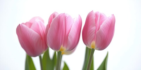 Obraz premium Tulips. Timelapse of vibrant pink striped tulips blooming against a white background. Time lapse of a bunch of spring flowers opening, close-up. Holiday bouquet.