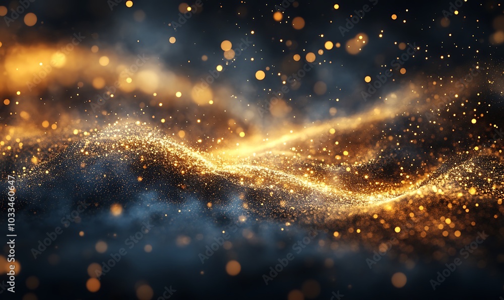 Poster A shimmering wave of golden particles floats through a dark background, creating a mesmerizing, ethereal effect reminiscent of cosmic beauty.