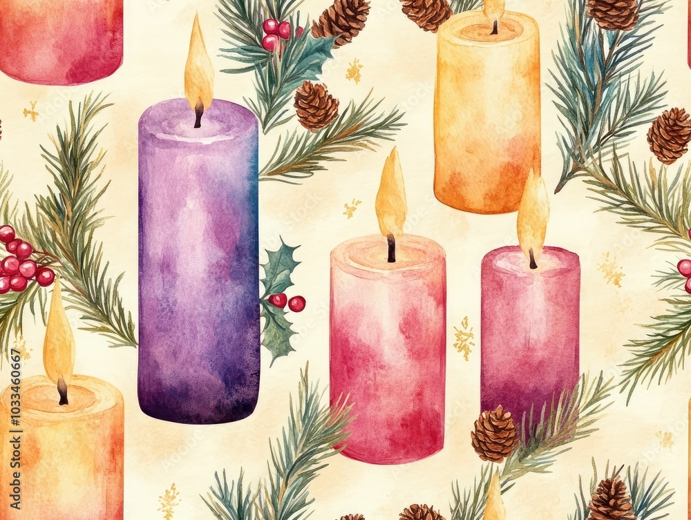 Aufkleber watercolor christmas candles with a minimal pastel color palette set against a soft cream background