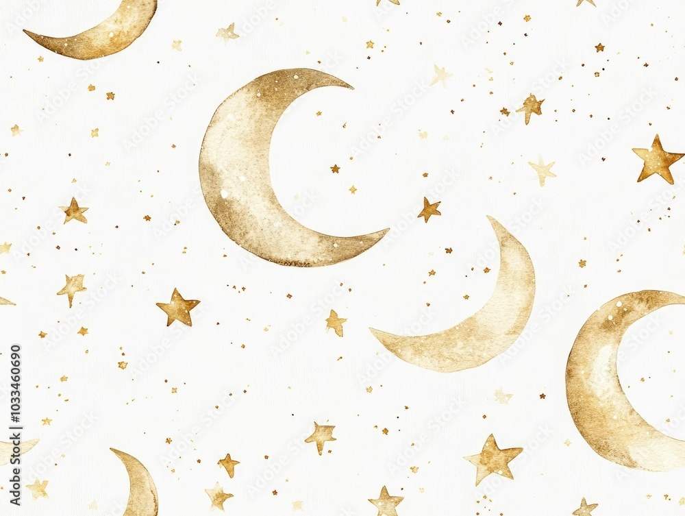 Poster delicate watercolor stars and crescent moon in soft gold tones create a minimalistic airy and enchan